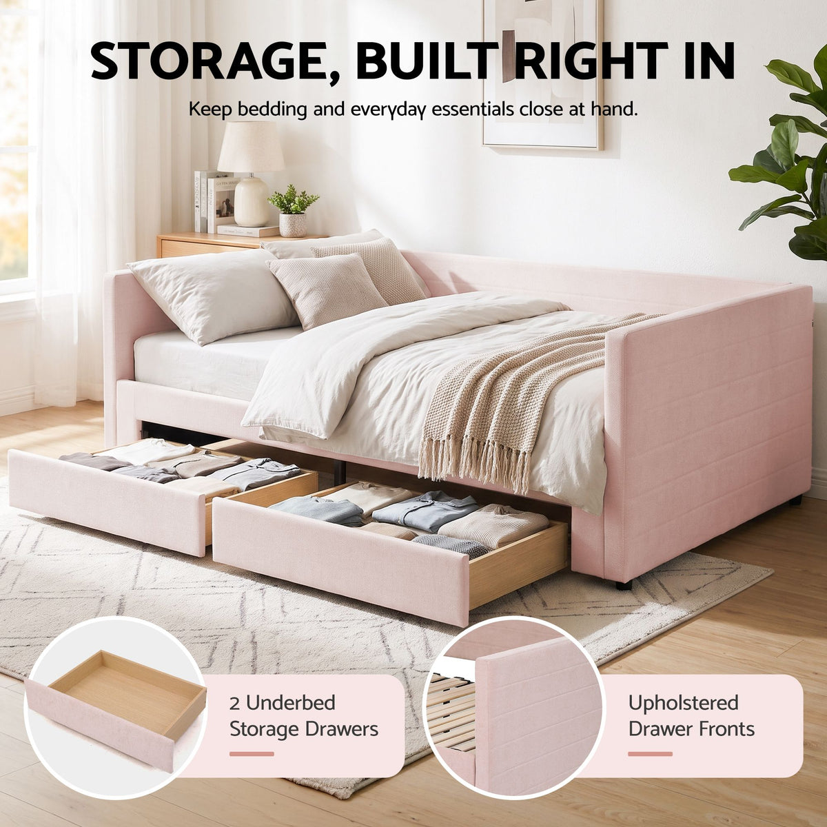Artiss Single Extendable Daybed with 2 Storage Drawers, Pink