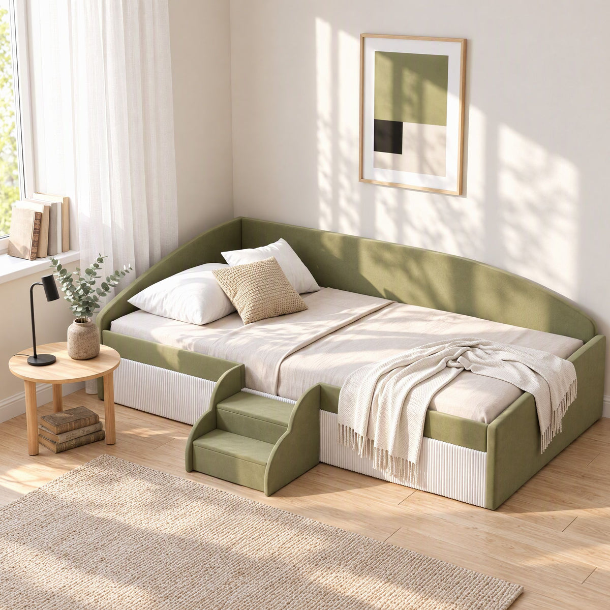 Artiss King Single Upholstered Daybed Sofa Bed with Centre Stairs, Olive-Furniture > Bedroom > Beds &amp; Bed Frames-PEROZ Accessories
