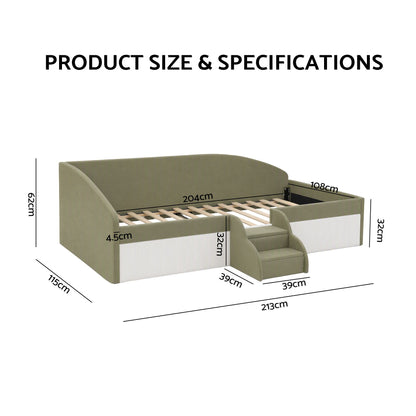 Artiss King Single Upholstered Daybed Sofa Bed with Centre Stairs, Olive-Furniture > Bedroom > Beds &amp; Bed Frames-PEROZ Accessories