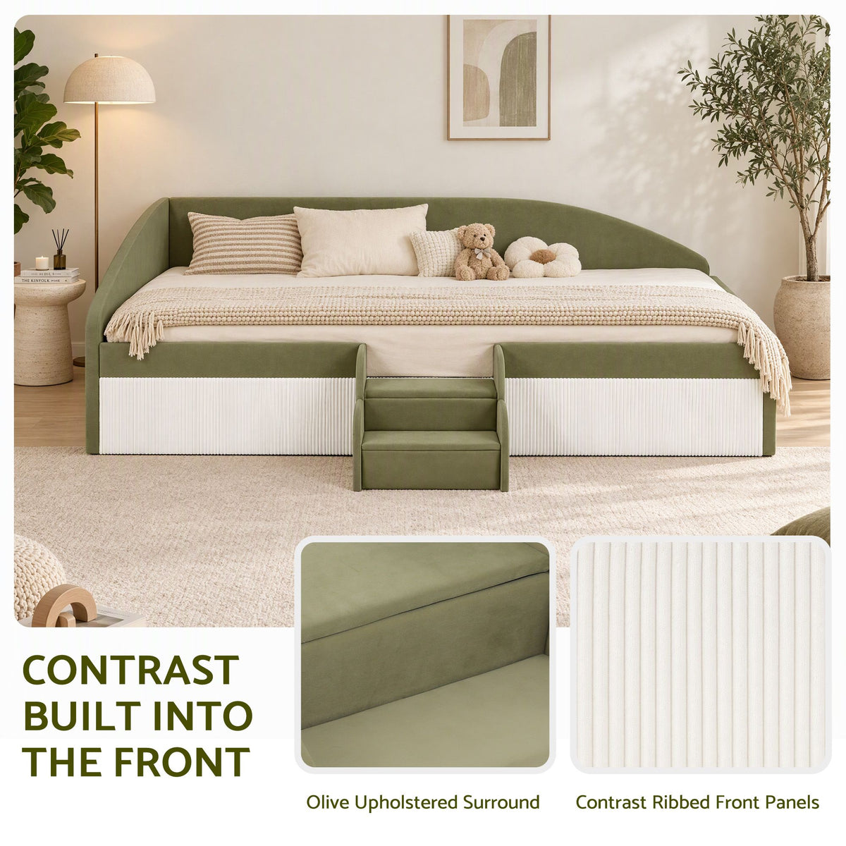 Artiss King Single Upholstered Daybed Sofa Bed with Centre Stairs, Olive-Furniture > Bedroom > Beds &amp; Bed Frames-PEROZ Accessories