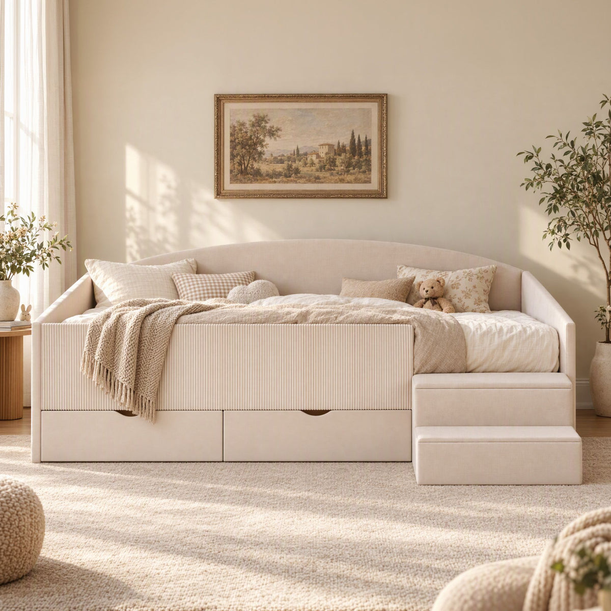 Artiss King Single Upholstered Daybed with Stairs &amp; Storage Drawers, Beige-Furniture > Bedroom > Beds &amp; Bed Frames-PEROZ Accessories