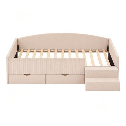 Artiss King Single Upholstered Daybed with Stairs &amp; Storage Drawers, Beige-Furniture > Bedroom > Beds &amp; Bed Frames-PEROZ Accessories