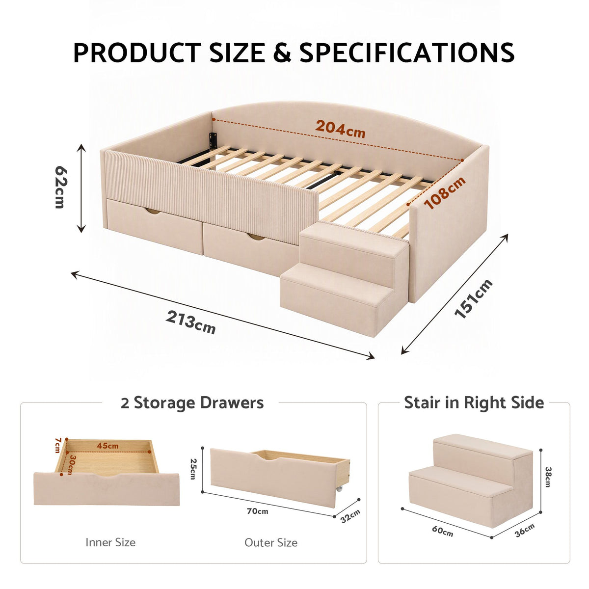 Artiss King Single Upholstered Daybed with Stairs &amp; Storage Drawers, Beige-Furniture > Bedroom > Beds &amp; Bed Frames-PEROZ Accessories