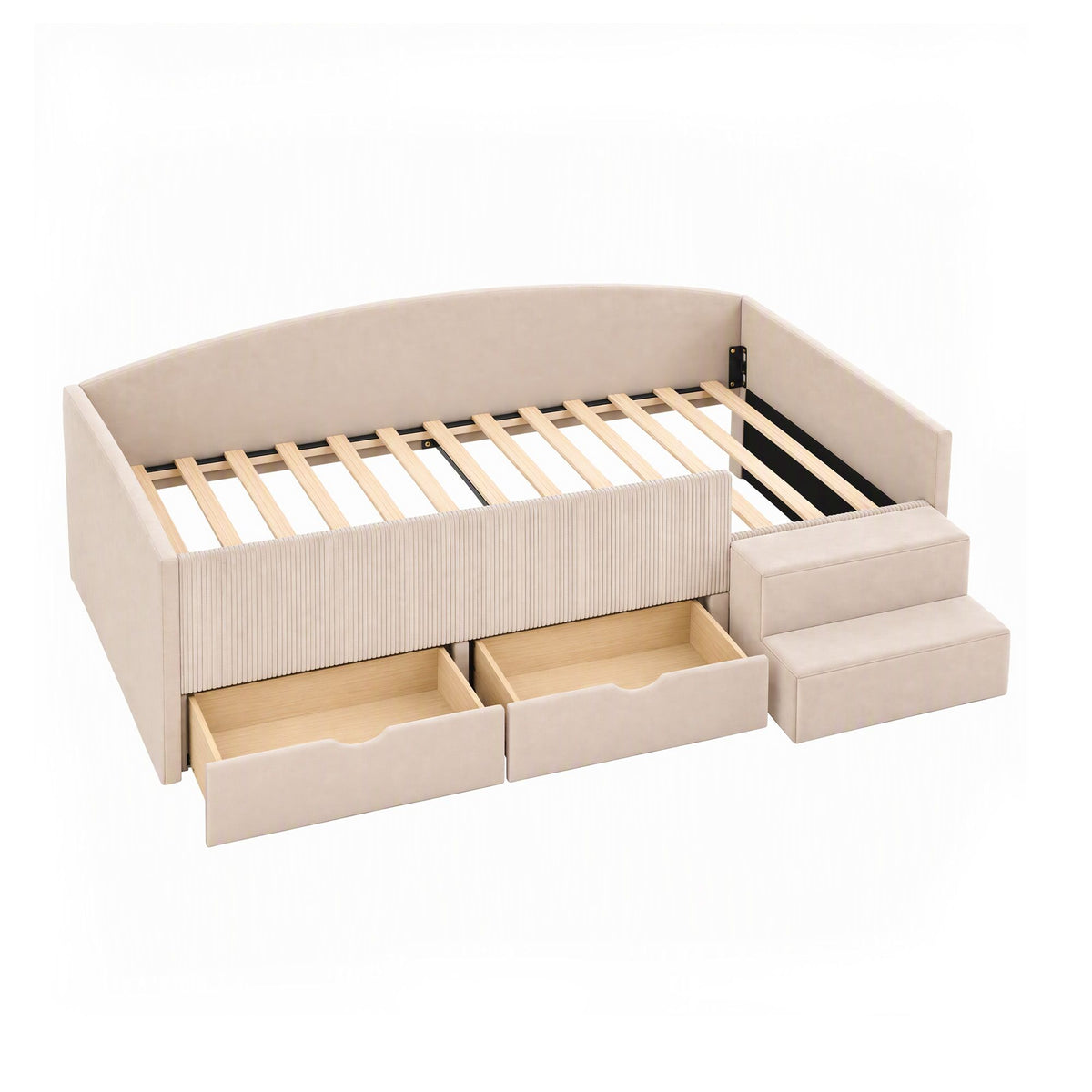 Artiss King Single Upholstered Daybed with Stairs &amp; Storage Drawers, Beige-Furniture > Bedroom > Beds &amp; Bed Frames-PEROZ Accessories