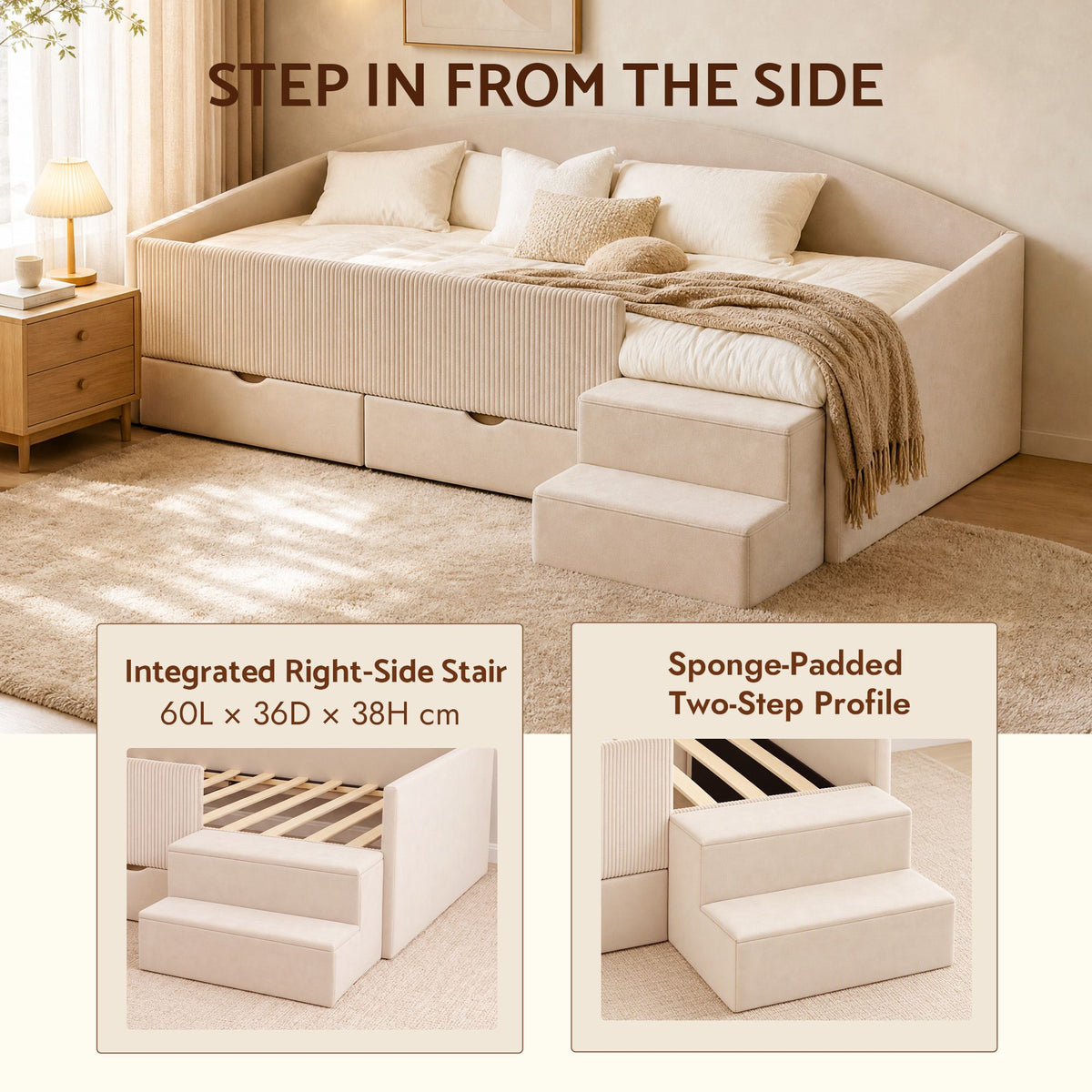 Artiss King Single Upholstered Daybed with Stairs &amp; Storage Drawers, Beige-Furniture > Bedroom > Beds &amp; Bed Frames-PEROZ Accessories
