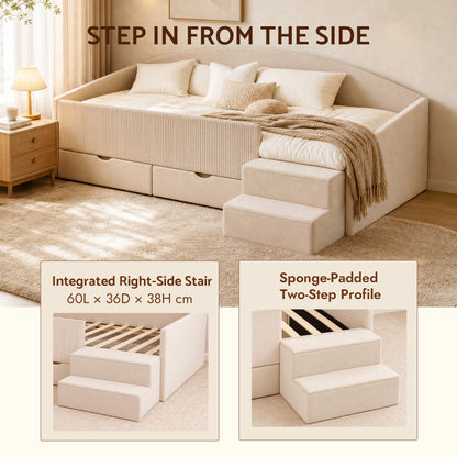 Artiss King Single Upholstered Daybed with Stairs &amp; Storage Drawers, Beige-Furniture > Bedroom > Beds &amp; Bed Frames-PEROZ Accessories