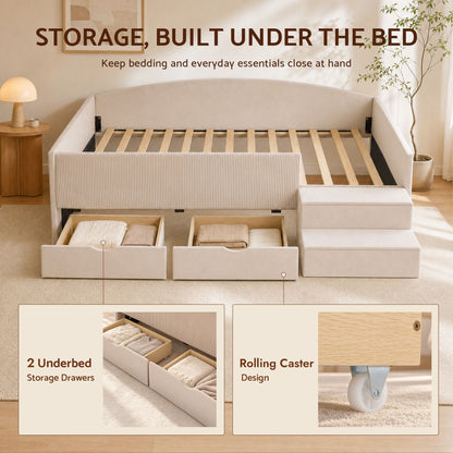Artiss King Single Upholstered Daybed with Stairs &amp; Storage Drawers, Beige-Furniture > Bedroom > Beds &amp; Bed Frames-PEROZ Accessories