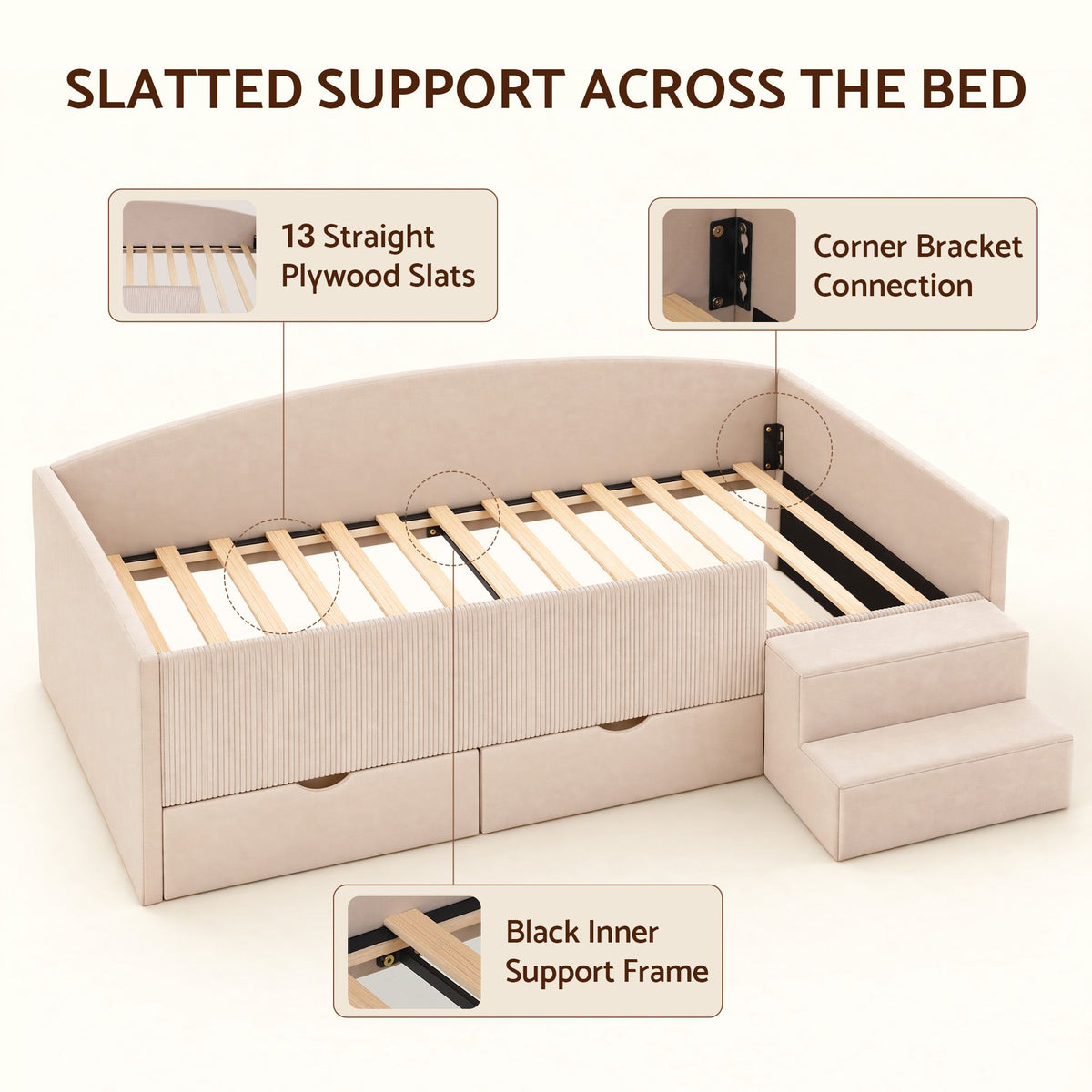 Artiss King Single Upholstered Daybed with Stairs &amp; Storage Drawers, Beige-Furniture > Bedroom > Beds &amp; Bed Frames-PEROZ Accessories