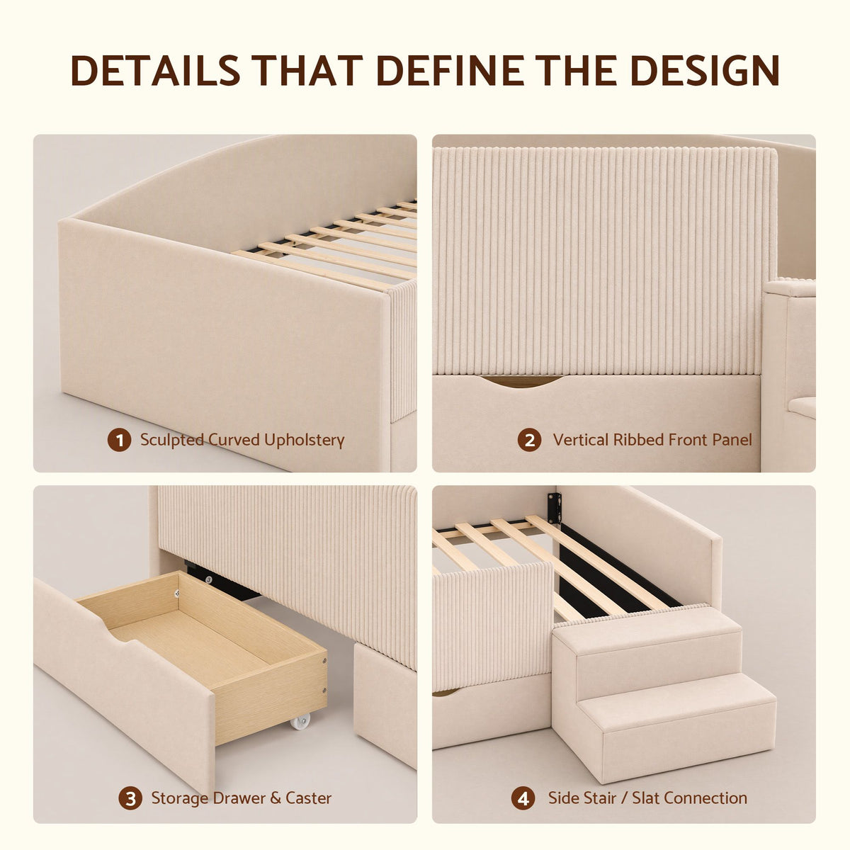 Artiss King Single Upholstered Daybed with Stairs &amp; Storage Drawers, Beige-Furniture > Bedroom > Beds &amp; Bed Frames-PEROZ Accessories