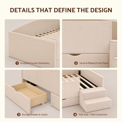 Artiss King Single Upholstered Daybed with Stairs &amp; Storage Drawers, Beige-Furniture > Bedroom > Beds &amp; Bed Frames-PEROZ Accessories
