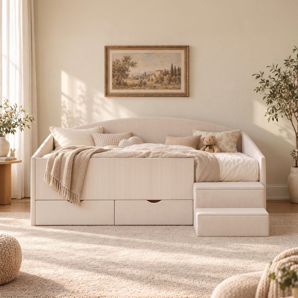 Artiss Single Upholstered Daybed with Side Stairs &amp; Storage Drawers, Beige-Furniture > Bedroom > Beds &amp; Bed Frames-PEROZ Accessories