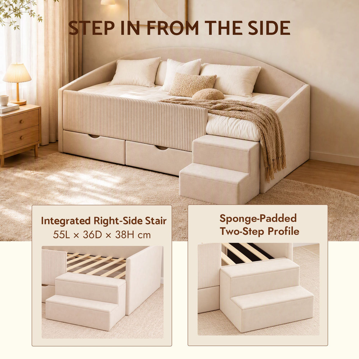 Artiss Single Upholstered Daybed with Side Stairs &amp; Storage Drawers, Beige-Furniture > Bedroom > Beds &amp; Bed Frames-PEROZ Accessories