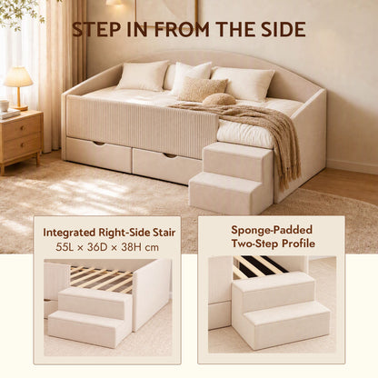 Artiss Single Upholstered Daybed with Side Stairs &amp; Storage Drawers, Beige-Furniture > Bedroom > Beds &amp; Bed Frames-PEROZ Accessories