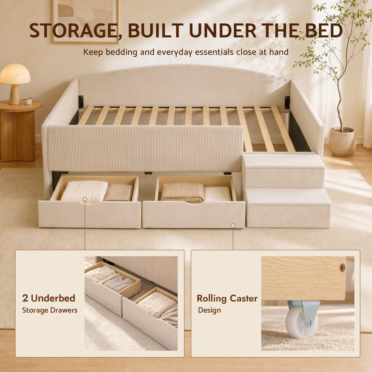 Artiss Single Upholstered Daybed with Side Stairs &amp; Storage Drawers, Beige-Furniture > Bedroom > Beds &amp; Bed Frames-PEROZ Accessories