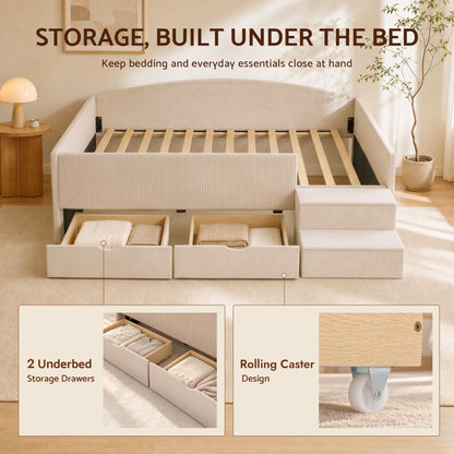 Artiss Single Upholstered Daybed with Side Stairs &amp; Storage Drawers, Beige-Furniture > Bedroom > Beds &amp; Bed Frames-PEROZ Accessories