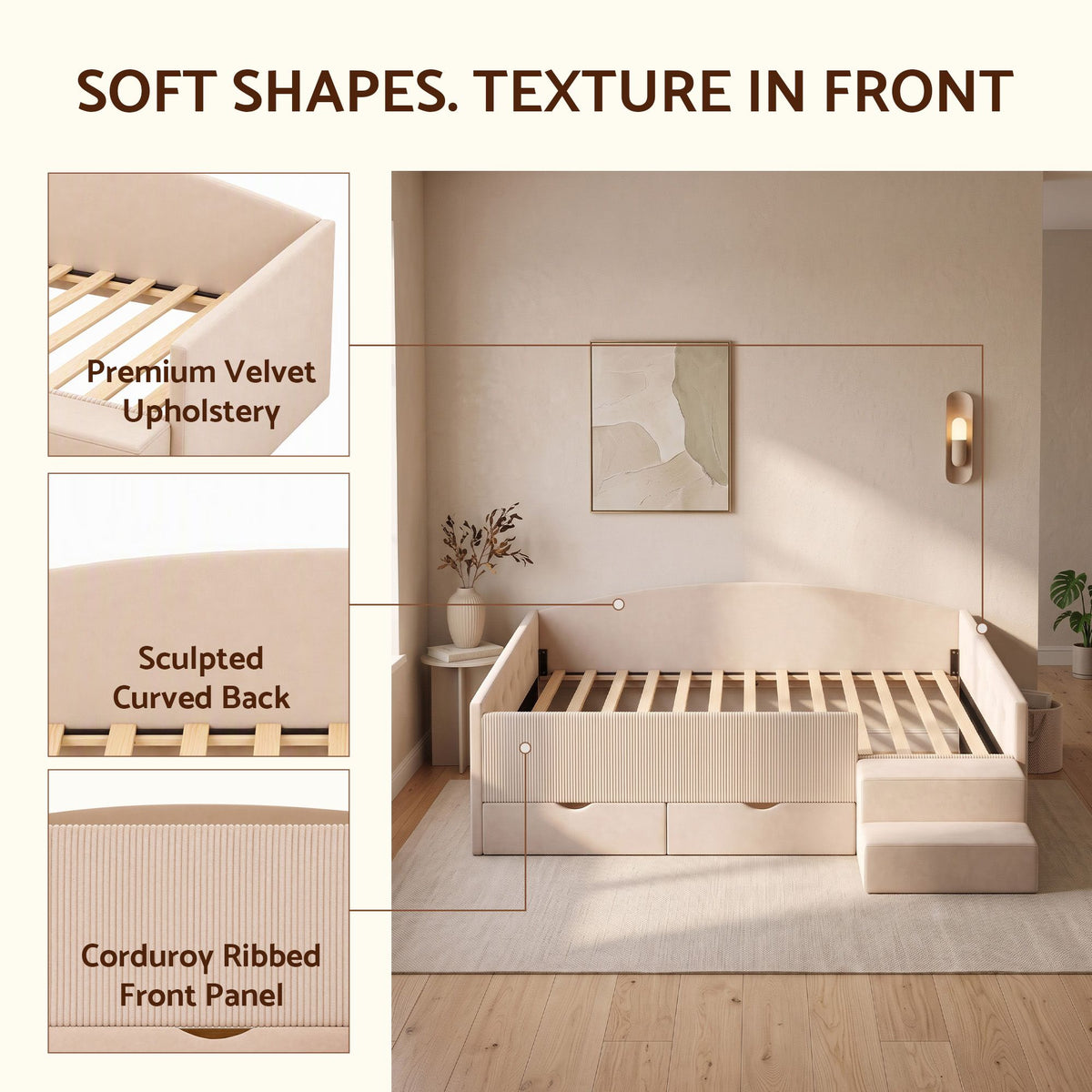 Artiss Single Upholstered Daybed with Side Stairs &amp; Storage Drawers, Beige-Furniture > Bedroom > Beds &amp; Bed Frames-PEROZ Accessories