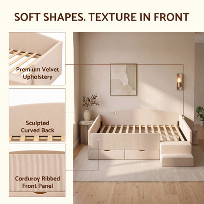 Artiss Single Upholstered Daybed with Side Stairs &amp; Storage Drawers, Beige-Furniture > Bedroom > Beds &amp; Bed Frames-PEROZ Accessories