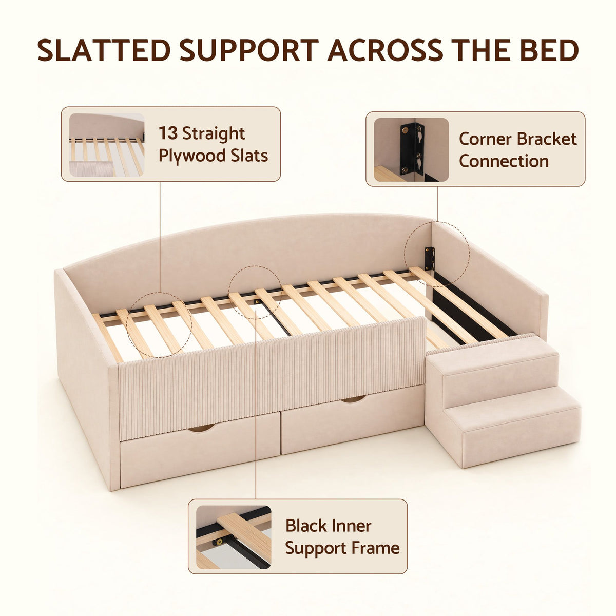 Artiss Single Upholstered Daybed with Side Stairs &amp; Storage Drawers, Beige-Furniture > Bedroom > Beds &amp; Bed Frames-PEROZ Accessories