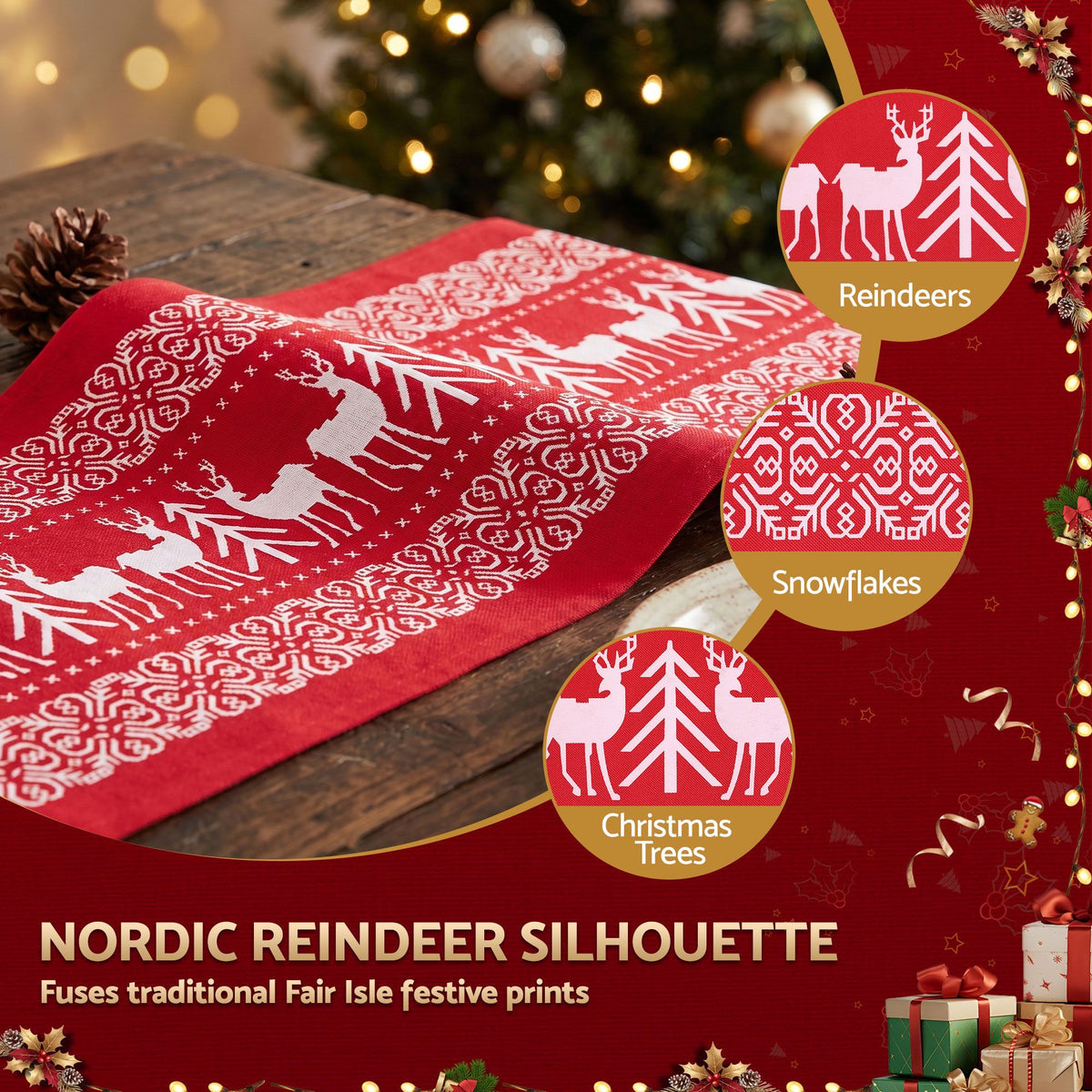 Jingle Jollys Christmas Table Runner Reindeers 270x28CM Dining Party Decor Red-Occasions > Christmas > Christmas Decorations-PEROZ Accessories