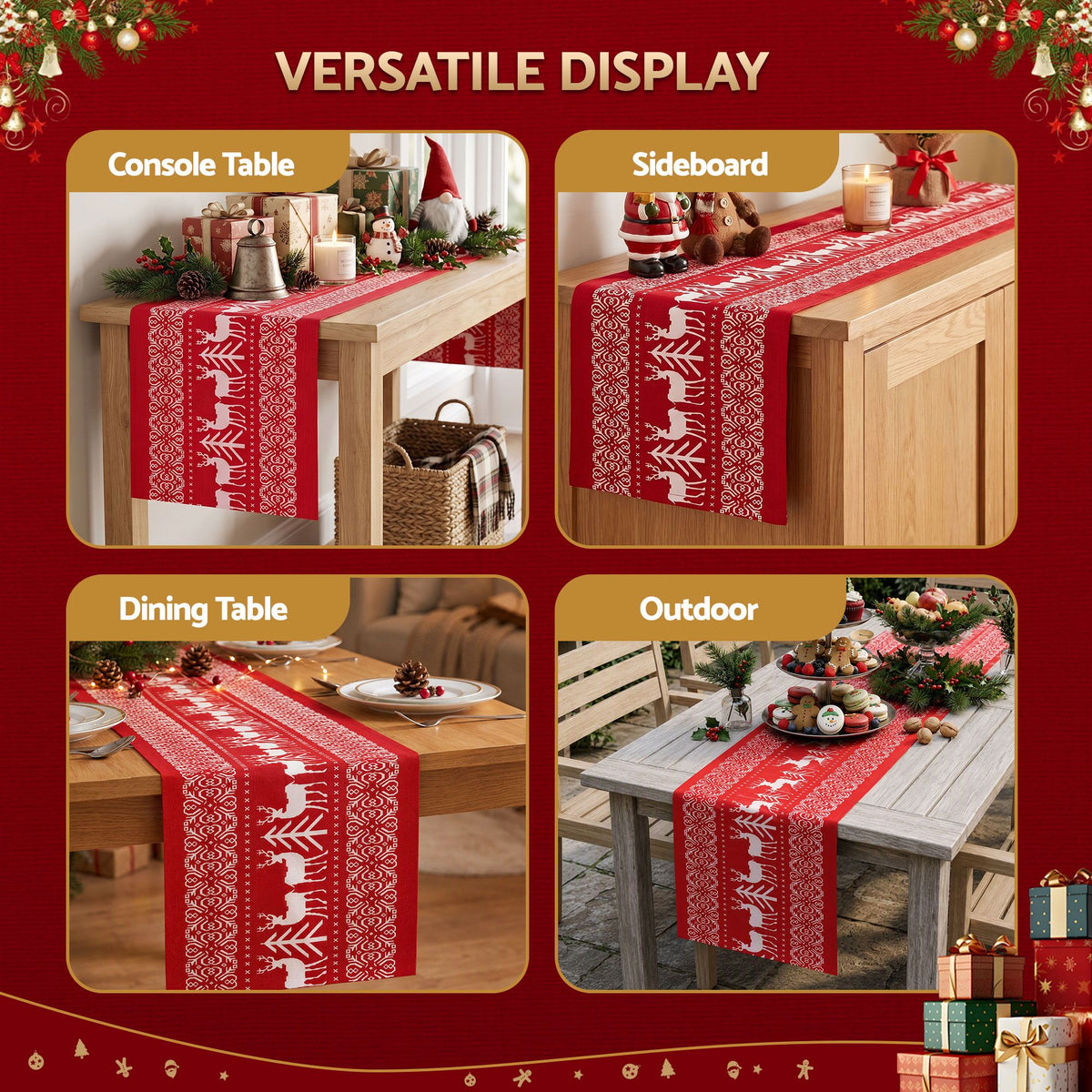 Jingle Jollys Christmas Table Runner Reindeers 270x28CM Dining Party Decor Red-Occasions > Christmas > Christmas Decorations-PEROZ Accessories