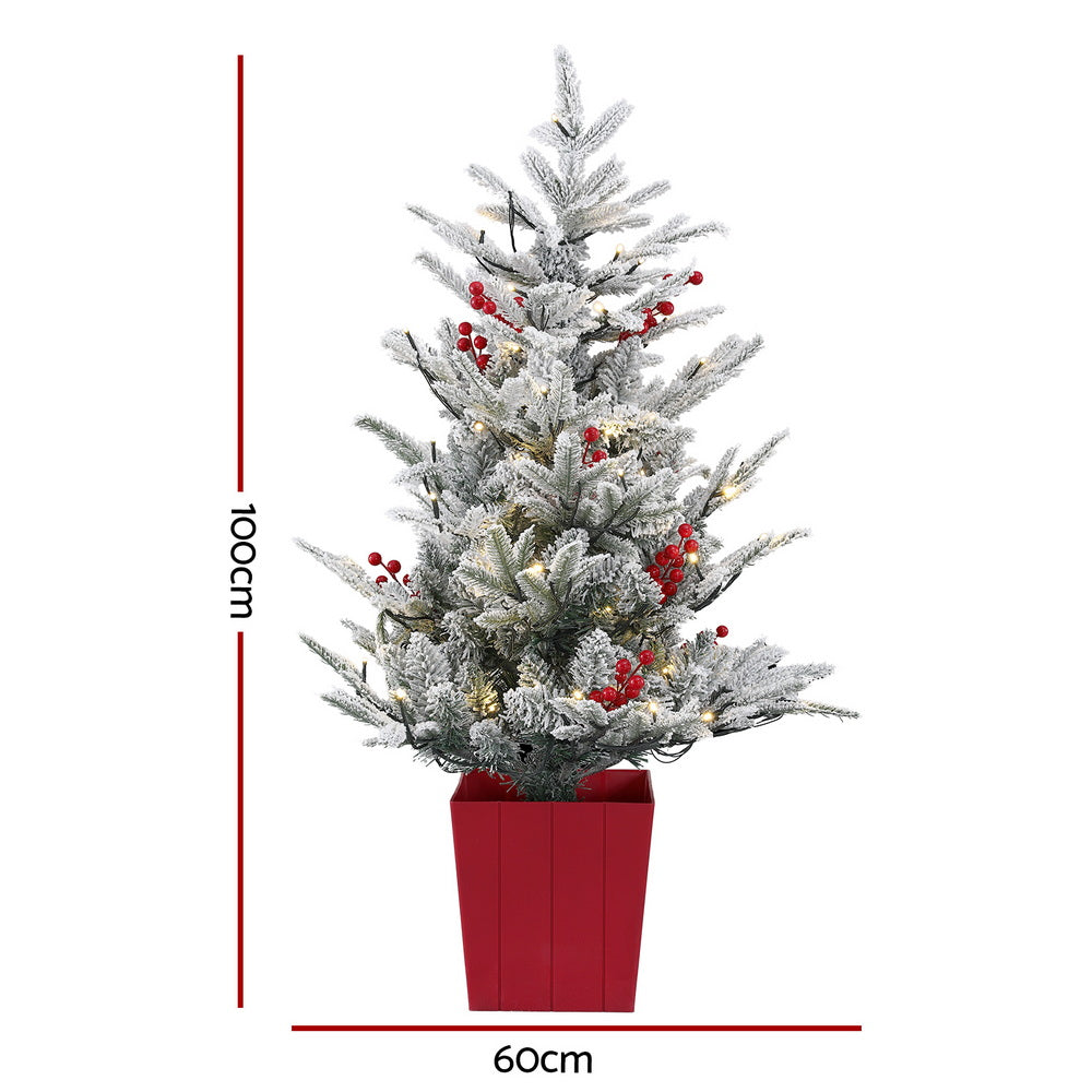 Jingle Jollys Christmas Tree 1M LED Potted Xmas Party Decor Red Barries Flocked-Occasions &gt; Christmas &gt; Christmas Trees-PEROZ Accessories