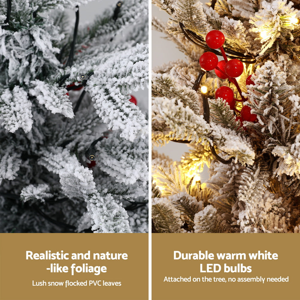 Jingle Jollys Christmas Tree 1M LED Potted Xmas Party Decor Red Barries Flocked-Occasions &gt; Christmas &gt; Christmas Trees-PEROZ Accessories