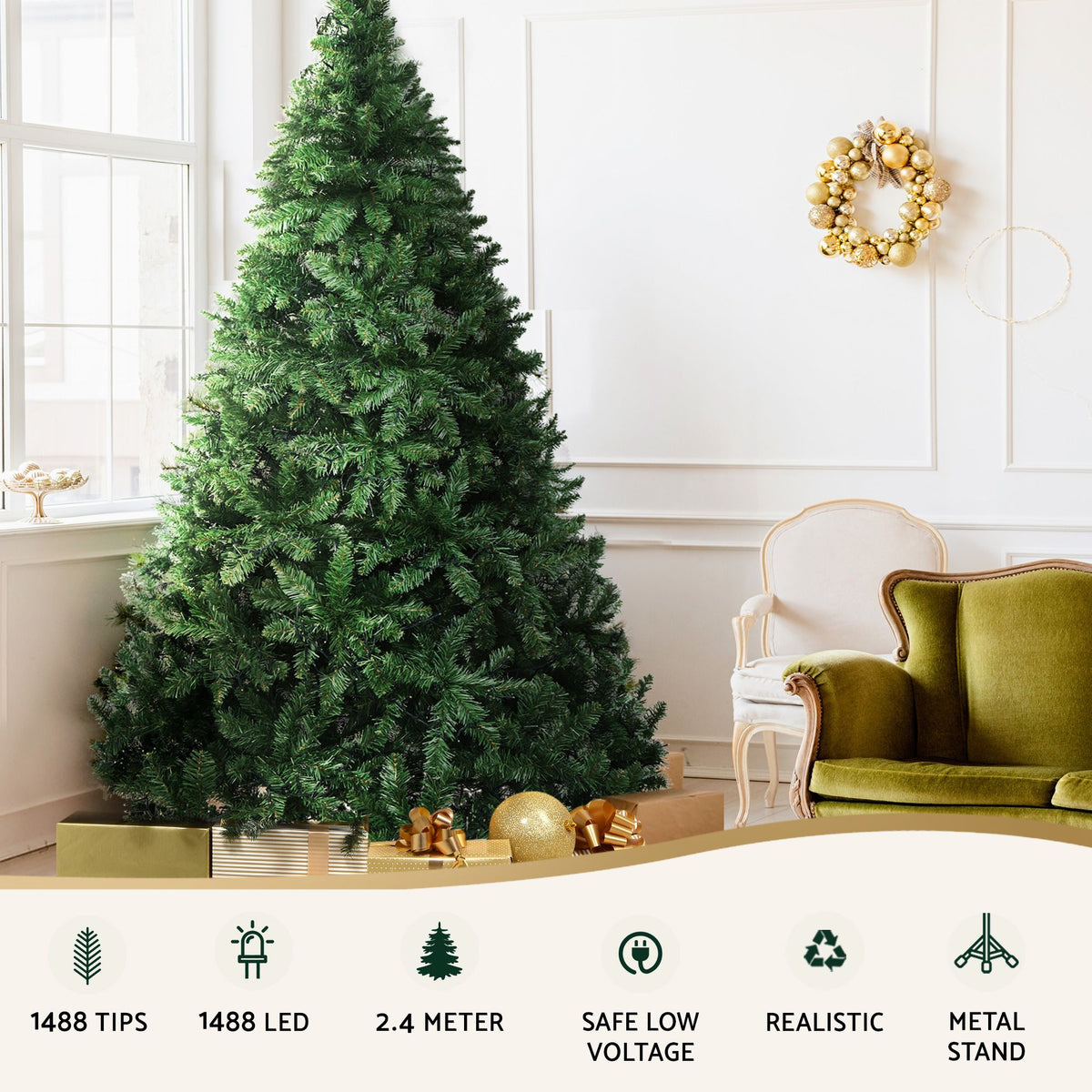 Jingle Jollys 2.4m Pre-Lit Christmas Tree 1488 LED Green with Red Storage Bag-Occasions > Christmas > Christmas Trees-PEROZ Accessories