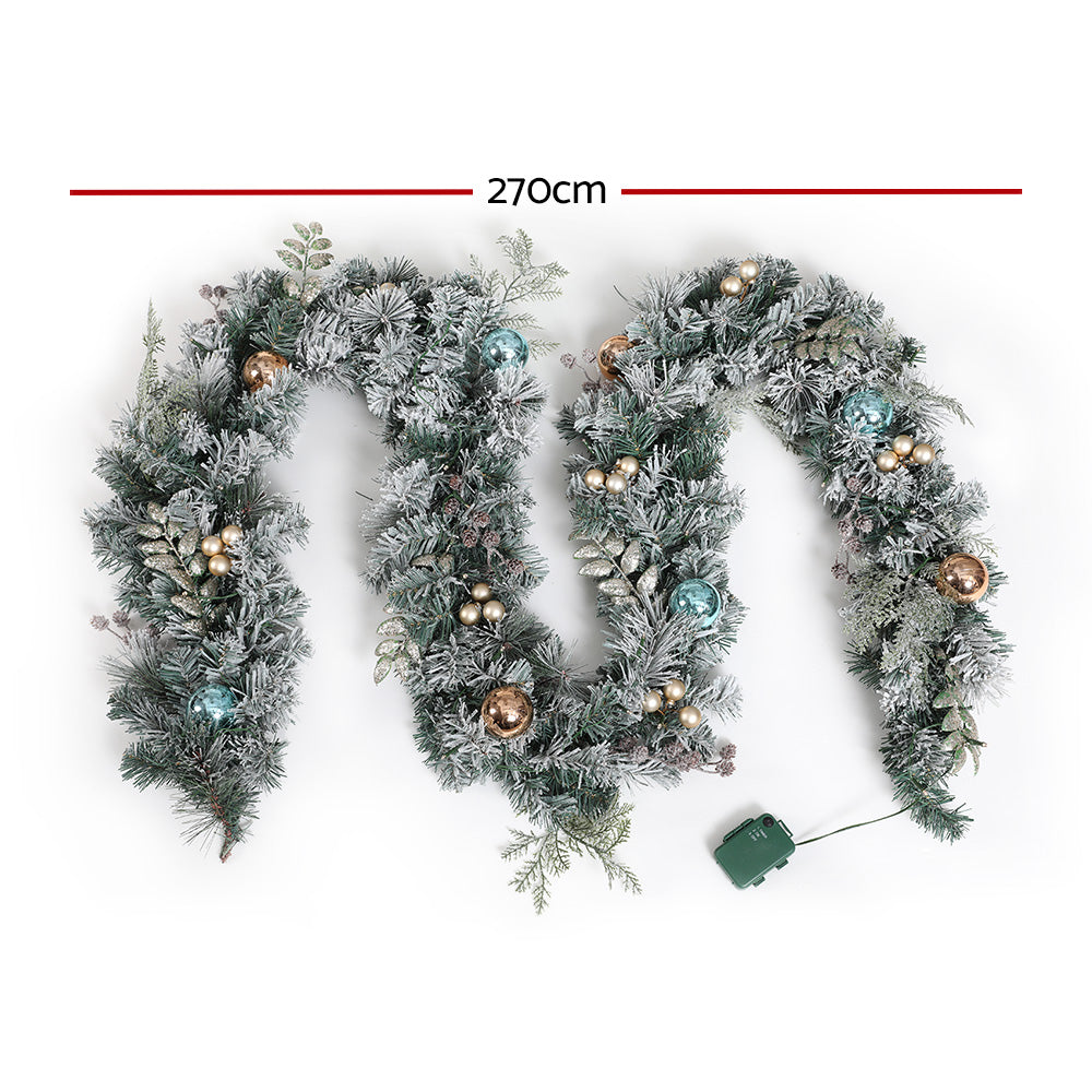 Jingle Jollys 2.7m Christmas Garland with LED Lights Snowy Decoration Xmas Party-Occasions &gt; Christmas &gt; Outdoor Decorations &amp; Lights-PEROZ Accessories