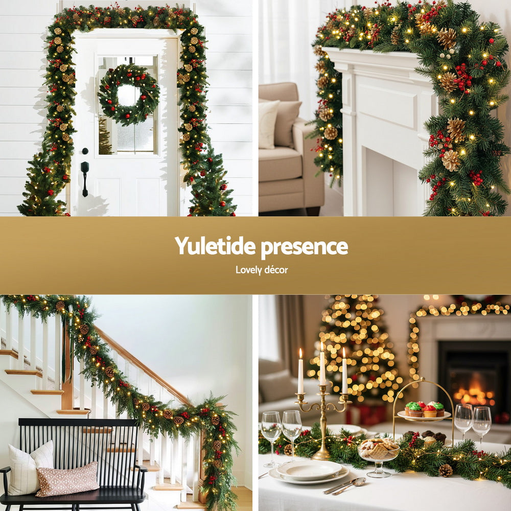 Jingle Jollys 1.8M Christmas Garland Pre-lit LED Pine Cones Berries Xmas Decor-Occasions &gt; Christmas &gt; Christmas Wreaths &amp; Garlands-PEROZ Accessories