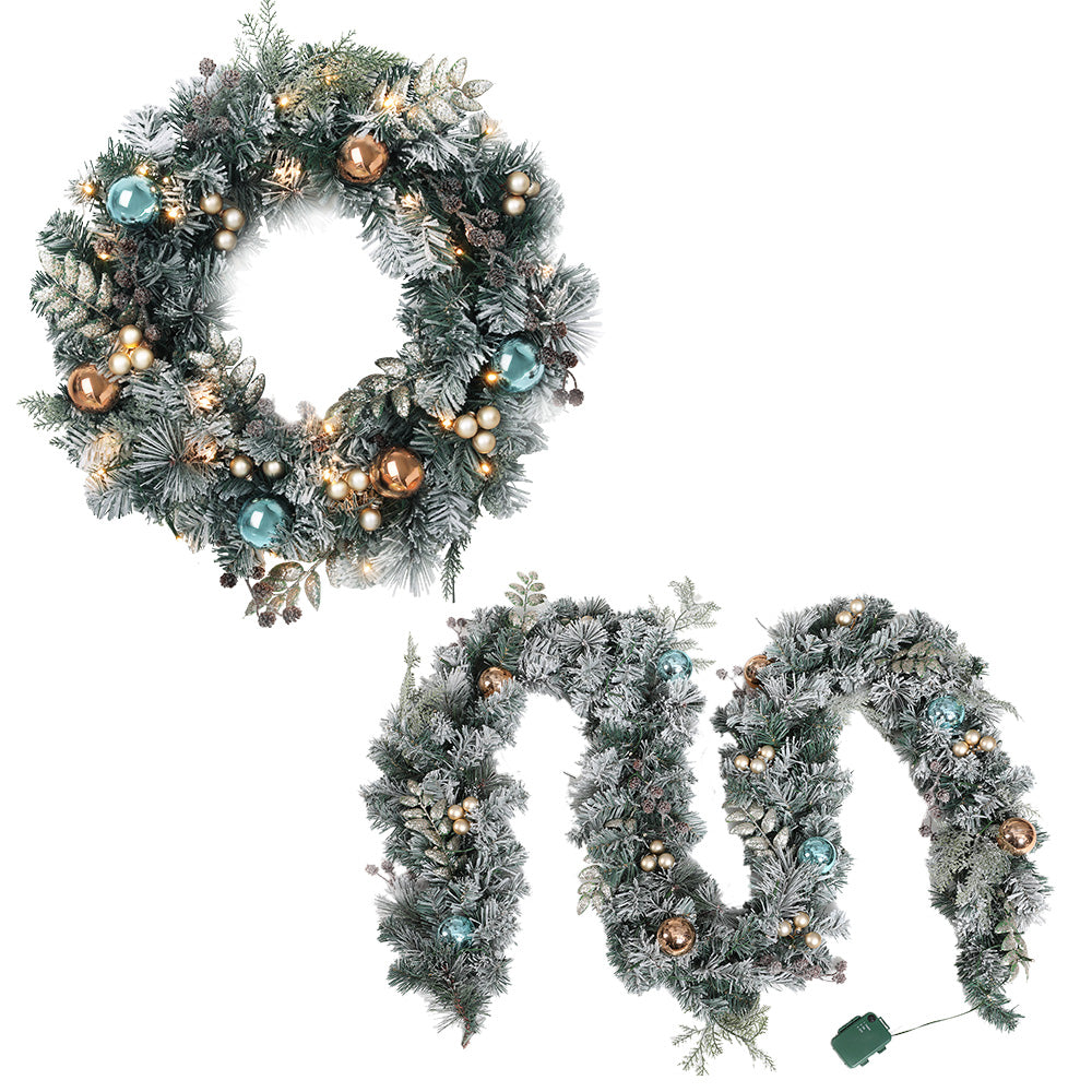 Jingle Jollys 2.7m Christmas Garland with Wreath Set LED Lights Snowy Xmas Decor-Occasions &gt; Christmas &gt; Christmas Wreaths &amp; Garlands-PEROZ Accessories