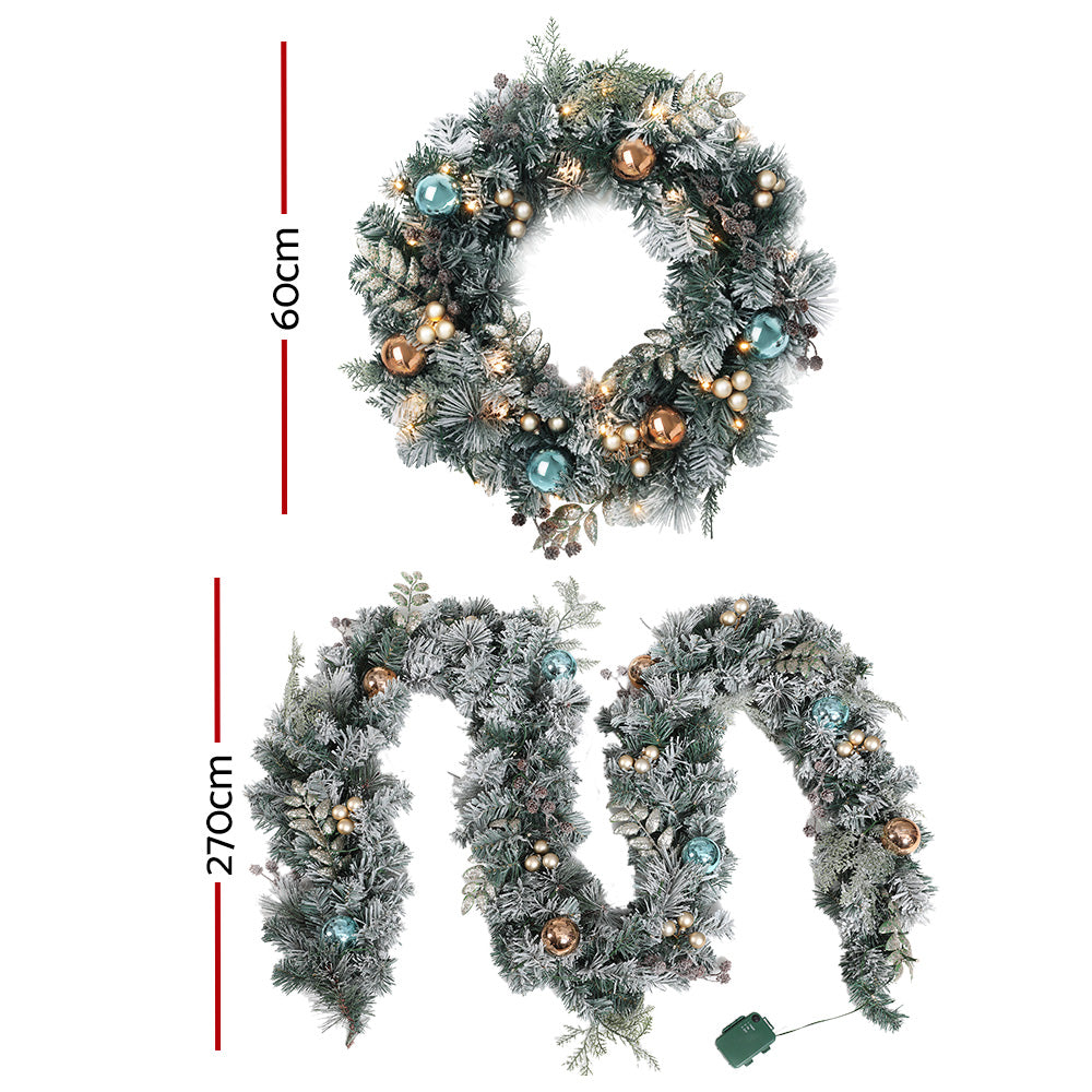 Jingle Jollys 2.7m Christmas Garland with Wreath Set LED Lights Snowy Xmas Decor-Occasions &gt; Christmas &gt; Christmas Wreaths &amp; Garlands-PEROZ Accessories