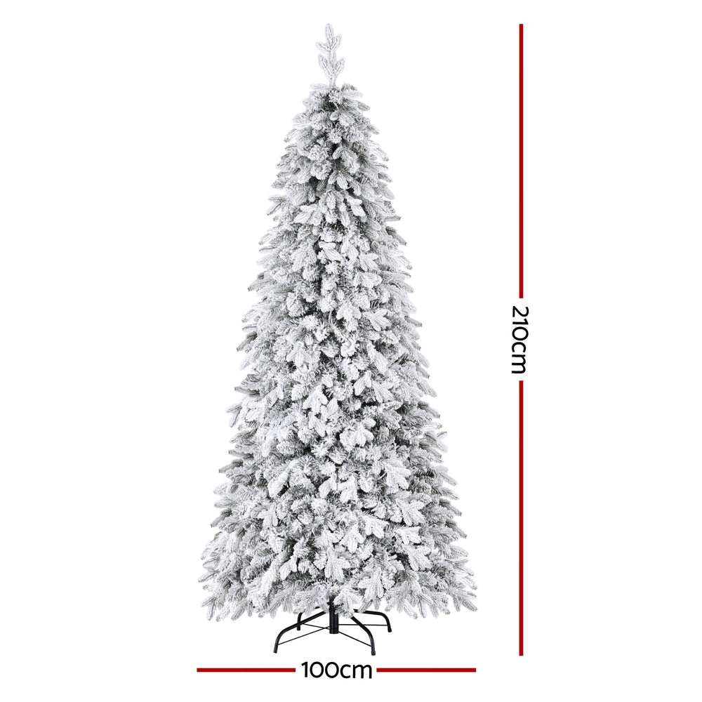 Jingle Jollys Christmas Tree 2.1m Flocking Pencil Tree LED Xmas 860 Tips White-Occasions &gt; Christmas &gt; Christmas Trees-PEROZ Accessories