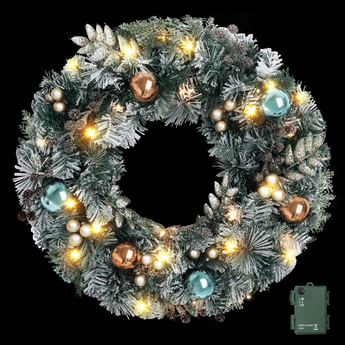 Jingle Jollys 60cm Christmas Wreath with LED Lights Snowy Garland Xmas Decor-Occasions > Christmas > Christmas Wreaths &amp; Garlands-PEROZ Accessories