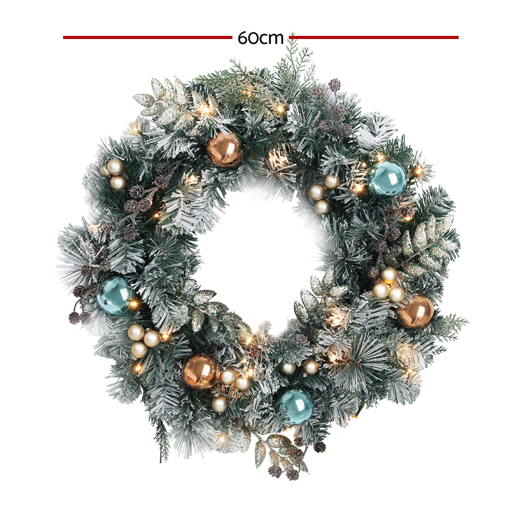 Jingle Jollys 60cm Christmas Wreath with LED Lights Snowy Garland Xmas Decor-Occasions &gt; Christmas &gt; Christmas Wreaths &amp; Garlands-PEROZ Accessories