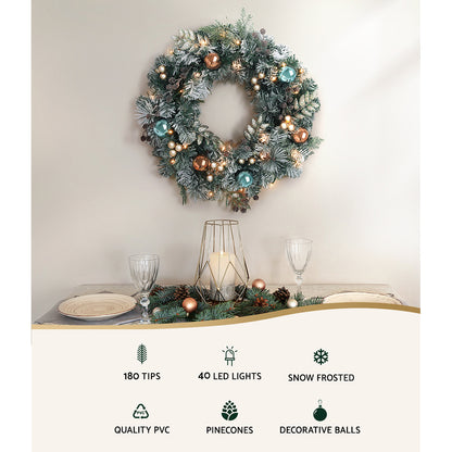 Jingle Jollys 60cm Christmas Wreath with LED Lights Snowy Garland Xmas Decor-Occasions &gt; Christmas &gt; Christmas Wreaths &amp; Garlands-PEROZ Accessories
