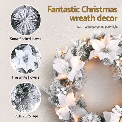 Jingle Jollys 60cm Christmas Wreath LED Lights Snowy Flowers Garland Party Decor-Occasions &gt; Christmas &gt; Christmas Wreaths &amp; Garlands-PEROZ Accessories
