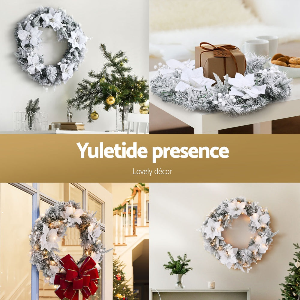 Jingle Jollys 60cm Christmas Wreath LED Lights Snowy Flowers Garland Party Decor-Occasions &gt; Christmas &gt; Christmas Wreaths &amp; Garlands-PEROZ Accessories