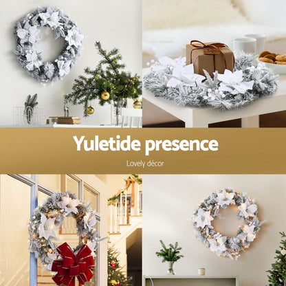 Jingle Jollys 60cm Christmas Wreath LED Lights Snowy Flowers Garland Party Decor-Occasions &gt; Christmas &gt; Christmas Wreaths &amp; Garlands-PEROZ Accessories