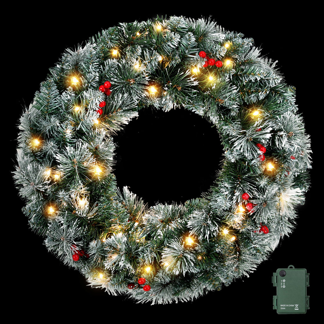 Jingle Jollys 60cm Christmas Wreath LED Lights Snowy Berries Garland Party Decor-Occasions > Christmas > Christmas Wreaths &amp; Garlands-PEROZ Accessories