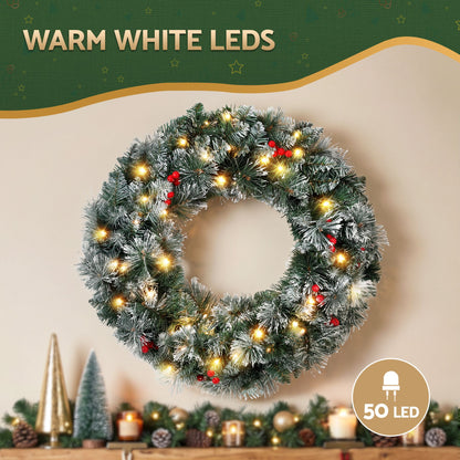 Jingle Jollys 60cm Christmas Wreath LED Lights Snowy Berries Garland Party Decor-Occasions > Christmas > Christmas Wreaths &amp; Garlands-PEROZ Accessories