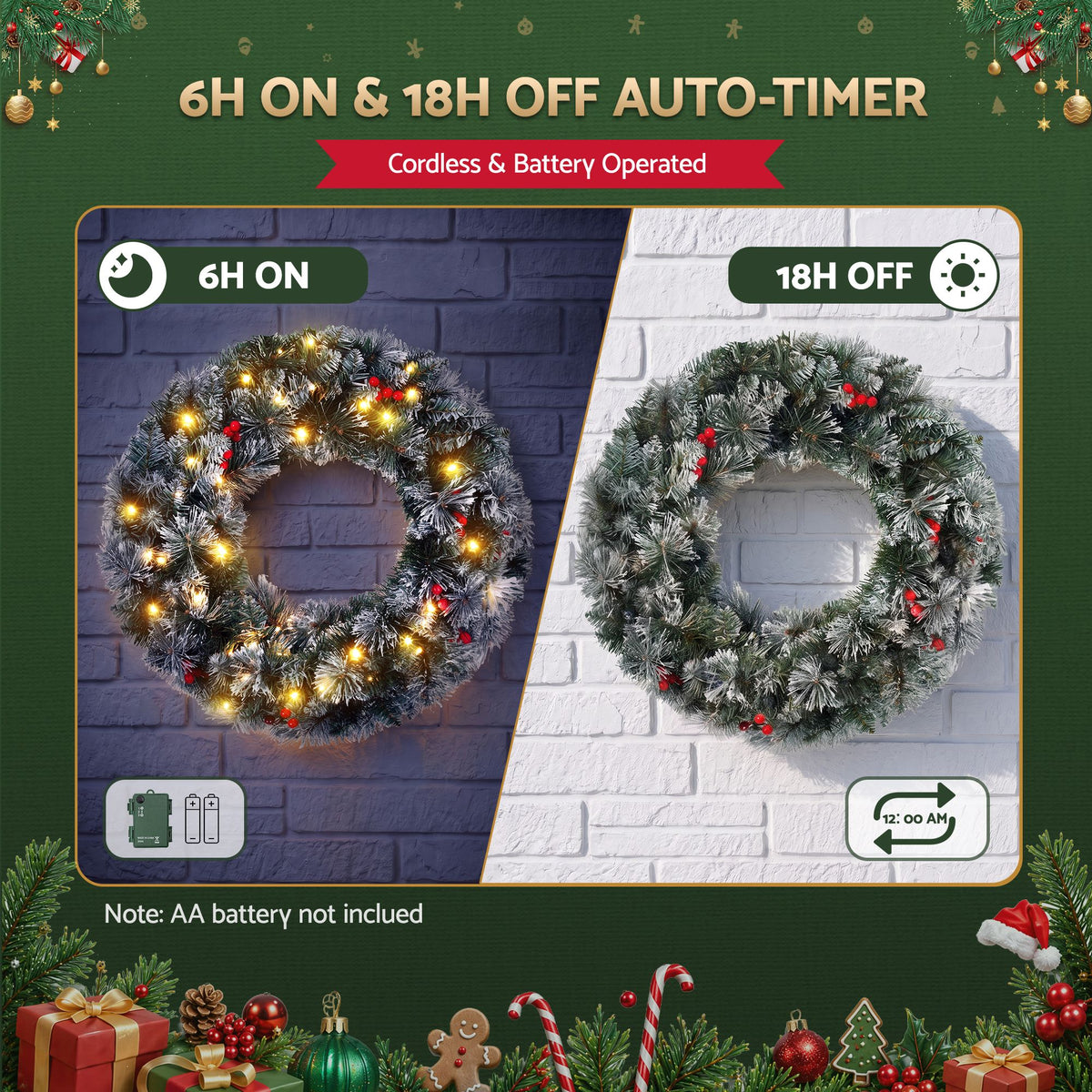 Jingle Jollys 60cm Christmas Wreath LED Lights Snowy Berries Garland Party Decor-Occasions > Christmas > Christmas Wreaths &amp; Garlands-PEROZ Accessories