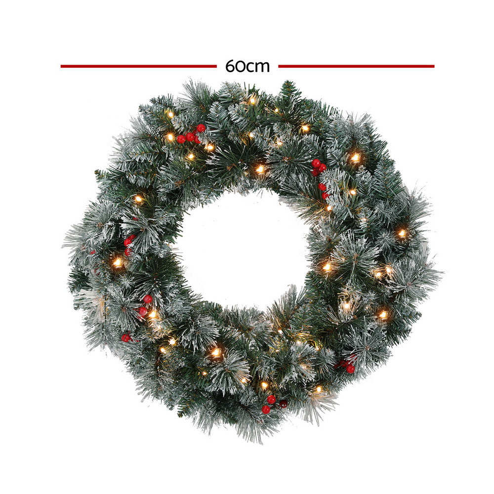 Jingle Jollys 60cm Christmas Wreath LED Lights Snowy Berries Garland Party Decor-Occasions &gt; Christmas &gt; Christmas Wreaths &amp; Garlands-PEROZ Accessories