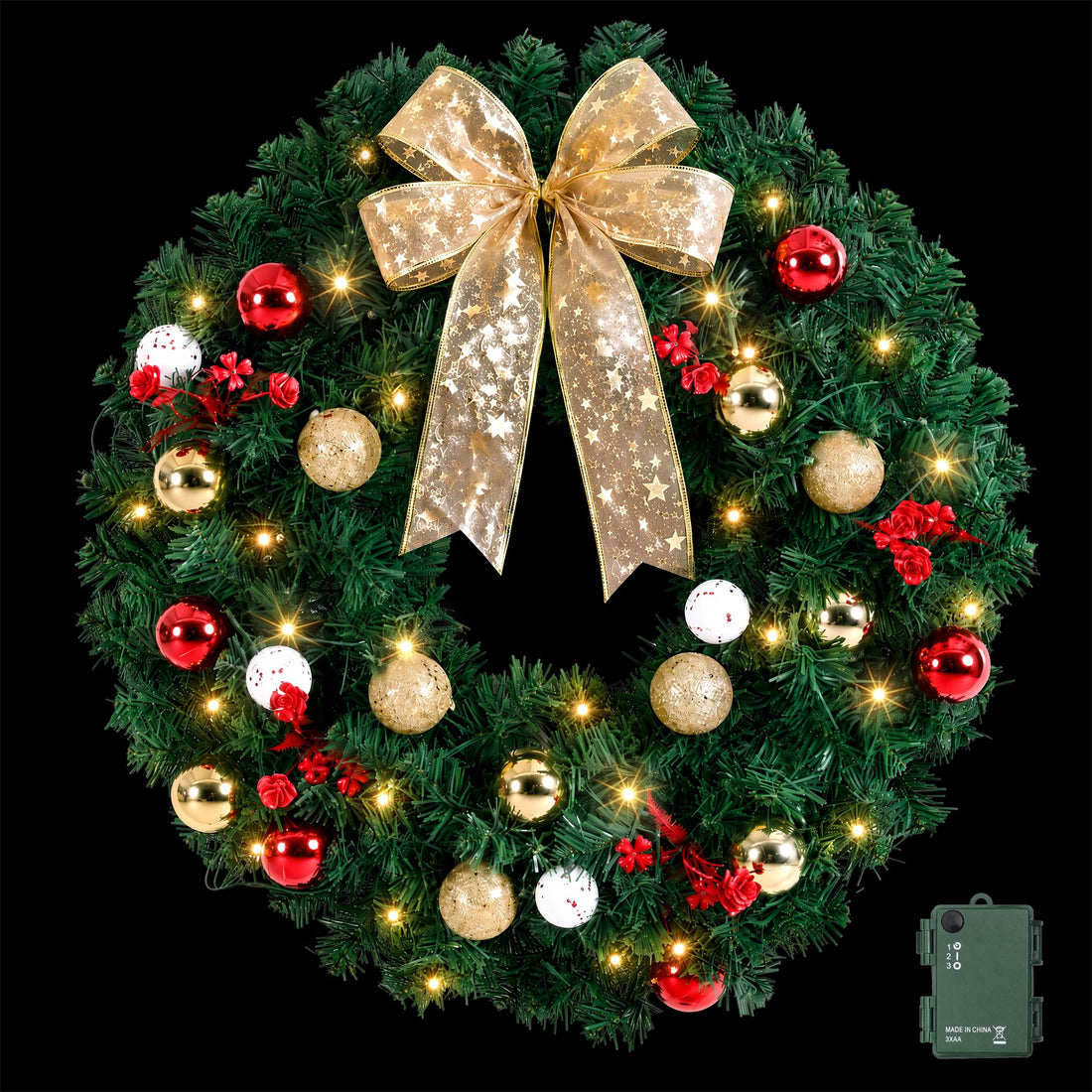 Jingle Jollys Christmas Wreath 60CM LED Garland Berries Bow Baubles Xmas Decor-Occasions > Christmas > Christmas Wreaths &amp; Garlands-PEROZ Accessories