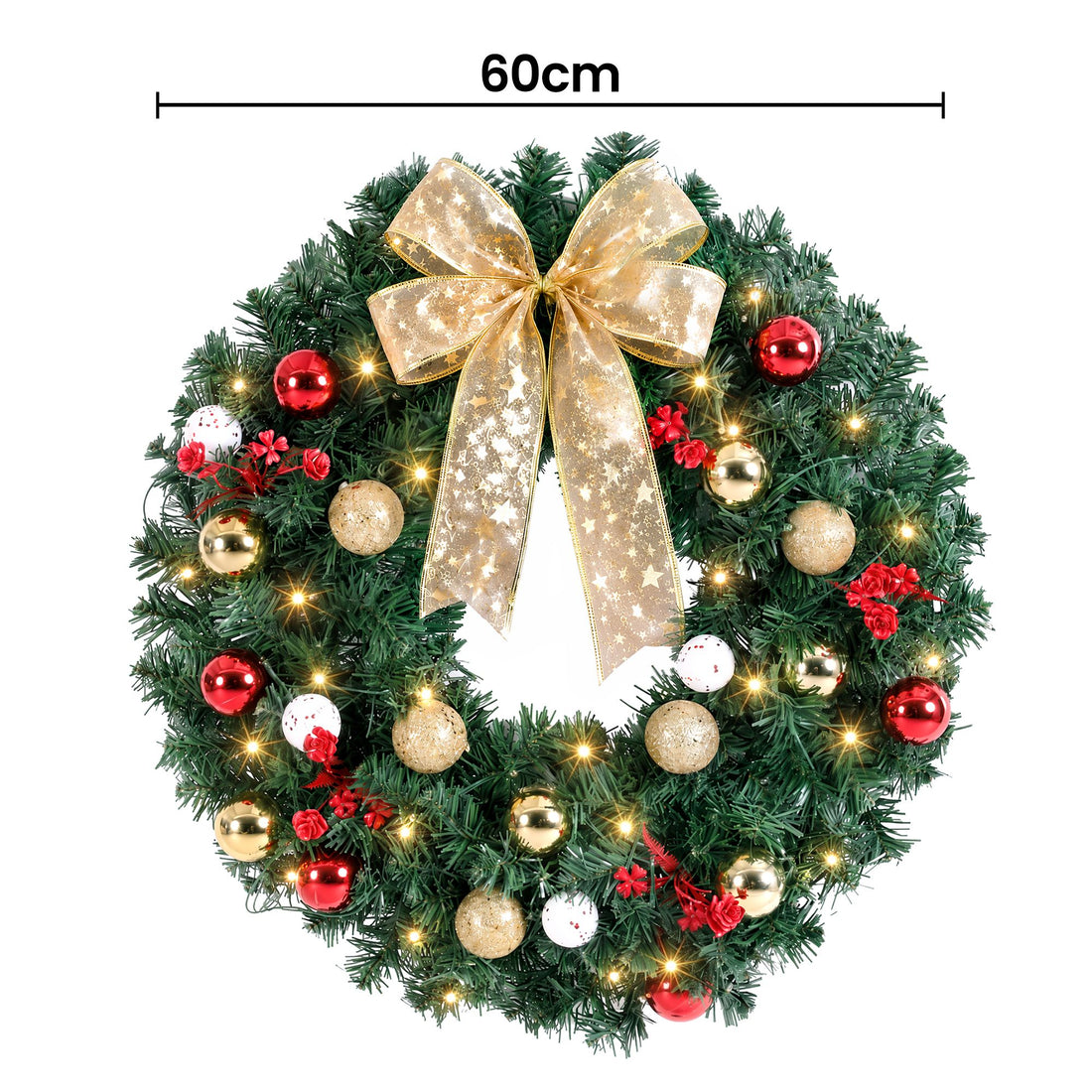 Jingle Jollys Christmas Wreath 60CM LED Garland Berries Bow Baubles Xmas Decor-Occasions > Christmas > Christmas Wreaths &amp; Garlands-PEROZ Accessories