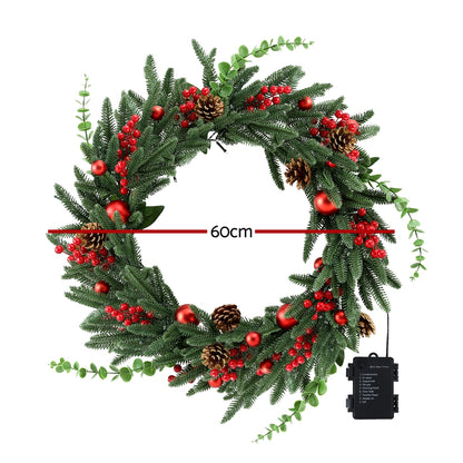 Jingle Jollys Christmas Wreath 60CM LED Garland Berries Pine Cones Party Decor-Occasions &gt; Christmas &gt; Christmas Wreaths &amp; Garlands-PEROZ Accessories
