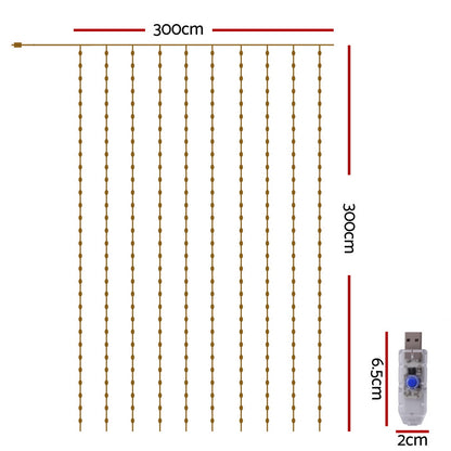 Jingle Jollys 3X3M Christmas Lights Curtain String Light 300 LED Warm White-Occasions &gt; Christmas &gt; Outdoor Decorations &amp; Lights-PEROZ Accessories