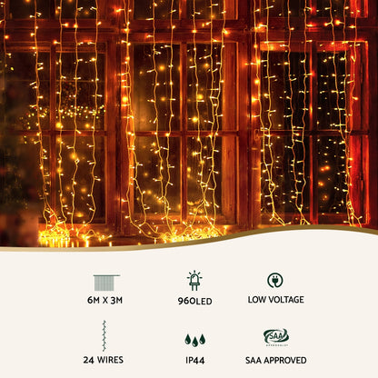 Jingle Jollys 6X3M Christmas Lights Curtain String Light 960 LED RGB Remote-Occasions &gt; Christmas &gt; Outdoor Decorations &amp; Lights-PEROZ Accessories