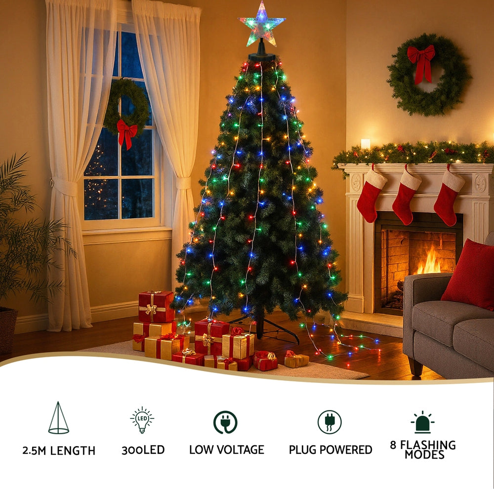 Jingle Jollys 2.5M Christmas Lights Waterfall String Light 300 LED Star Topper-Occasions &gt; Christmas &gt; Outdoor Decorations &amp; Lights-PEROZ Accessories