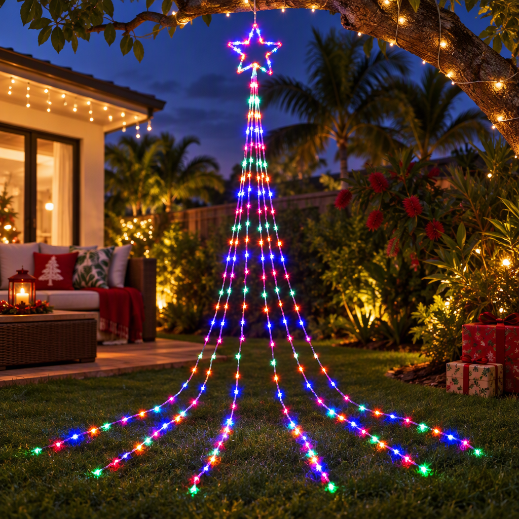 Jingle Jollys 3m Solar Christmas Lights Outdoor Fairy Waterfall Star Multicolour-Outdoor Lights-PEROZ Accessories