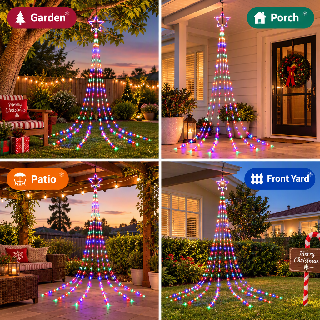 Jingle Jollys 3m Solar Christmas Lights Outdoor Fairy Waterfall Star Multicolour-Outdoor Lights-PEROZ Accessories